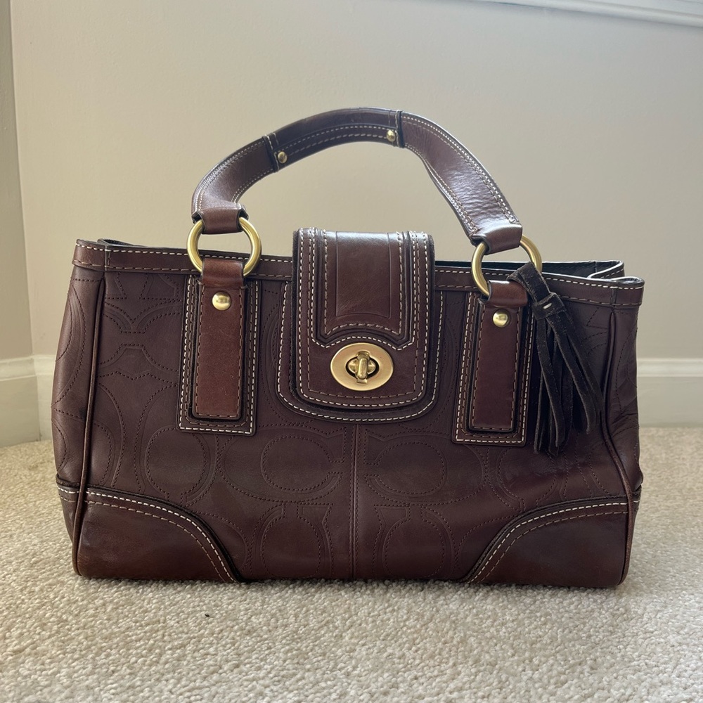Coach Hampton E0793-11330 EMBOSSED C LOGO BURGUNDY RED Leather Satchel Handbag